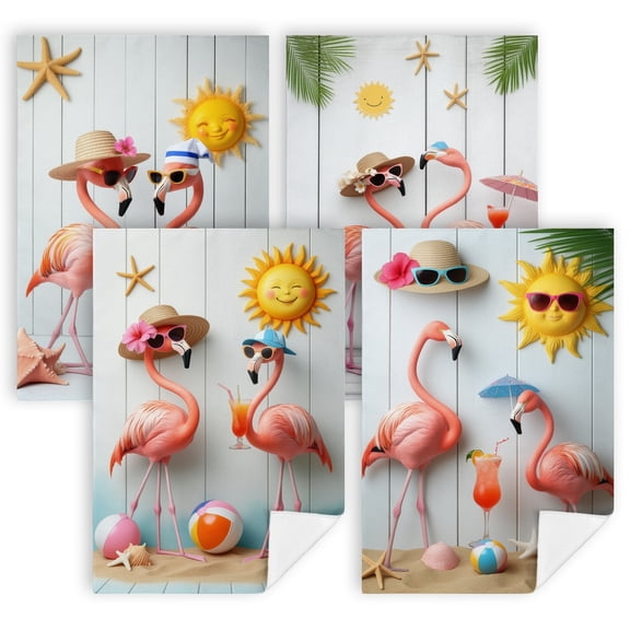 kitchen towels summer theme A couple of pink flamingos standing next to each other on a beach lake kitchen towels 4-Pack 16 by 24 Inch decorative towels