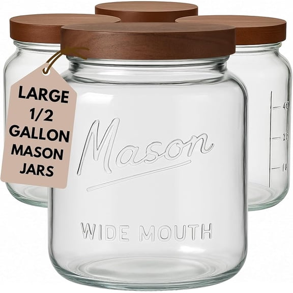 kitchentoolz Half Gallon Glass Mason Jars with Airtight Wooden Lids - Food Storage & Canning Jars with Measurement Markings - Pantry Containers for Flour, Sugar & Dry Goods - 64 oz (4pk)