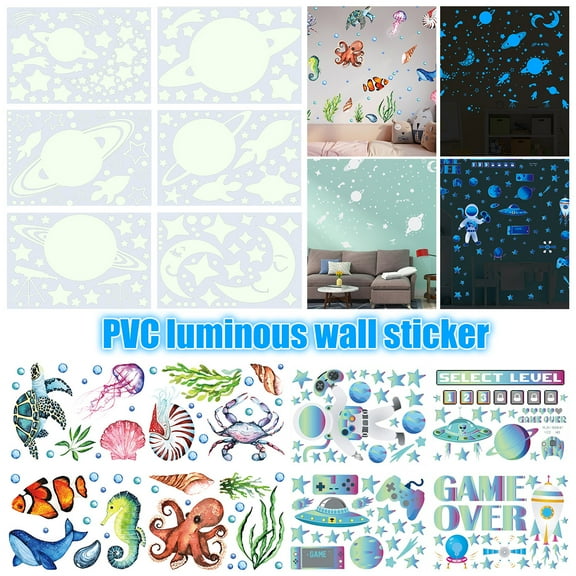 kitwin 4/6pcs Glow in The Dark Ocean Themed Wall Stickers Luminous Spaceship Wall Decals DIY Art Fluorescent Stickers Wall Decor for Children Bedroom Living Room Bedroom Background