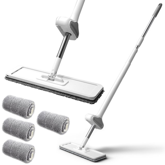 IMountek 360° Flat Floor Mop Bucket Set, Self-Cleaning, Wet/Dry, With Microfiber Pads, Beige/Grey