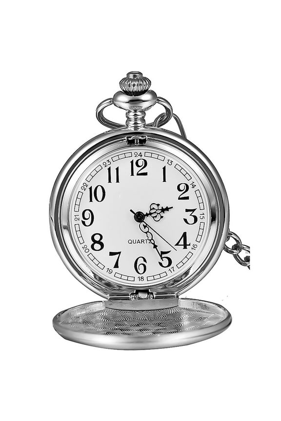 Vintage Pocket Watch Quartz Pocket Watch with Chain Classic Mechanical Movement Pocketwatch Smooth Silver Steel Men Watch Hand Winding Pocket Watch for Men Women Christmas Gift
