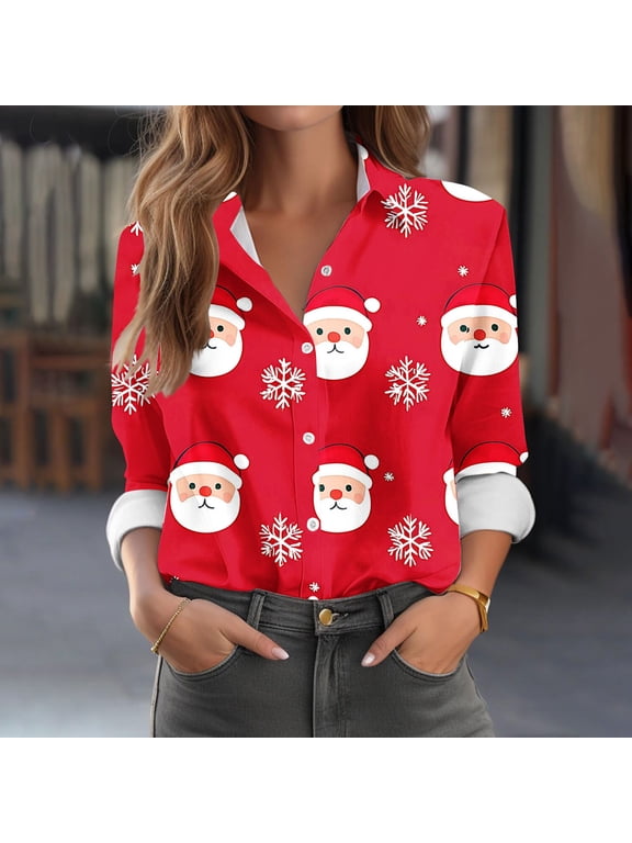 Christmas Women's Button down Shirts Casual Plus Size Santa Claus Long Sleeve Tee Tops Snowflake Collared Blouses Slim Festive Party Clothing