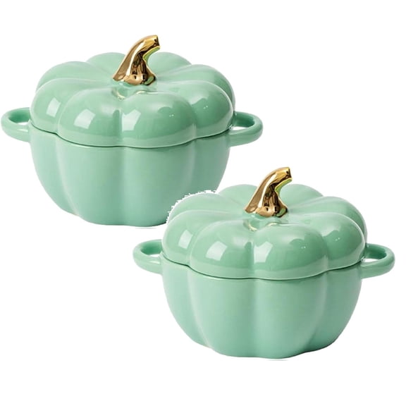 kjfeif 2PCS Oven Pumpkin Bowls Ceramic Pumpkin Pots for Cooking Pumpkin Dutch Oven Pot with Lid Mini Pumpkin Soup Bowls for Home Thanksgiving Hallo-ween Party,Green