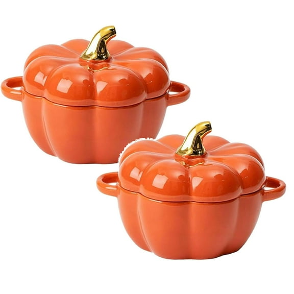 kjfeif 2PCS Oven Pumpkin Bowls Ceramic Pumpkin Pots for Cooking Pumpkin Dutch Oven Pot with Lid Mini Pumpkin Soup Bowls for Home Thanksgiving Hallo-ween Party,Orange