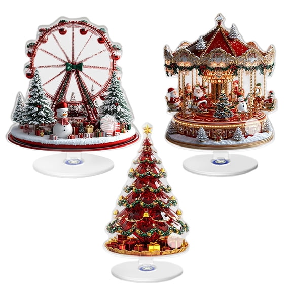 kjfeif 3Pcs Christmas Ferris Wheel Tree Decor Christmas Centerpiece Ornaments 2D Flat Acrylic With 360° Rotating Base Village Houses Accessories for Home Desktop Xmas Tabletop Decoration