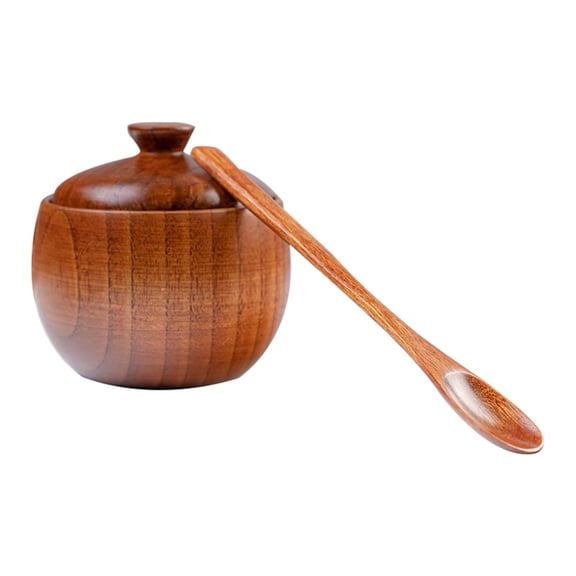 kjfeif Decorative Rustic Wooden Sugar Bowl & Spoon with Lid Wide Mouth Candy Jar Holder Condiment Serving Bowl Pot Herb Loose Tea Storage Container Novelty for Kitchen Decor and Accessories