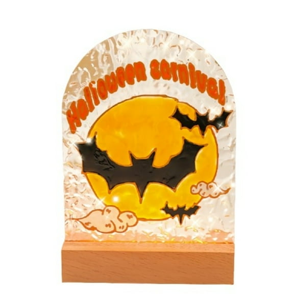 kjfeif DIY Wooden Base Halloween Decorative Lamp with Bat and Moon Design LED Illuminated for Bedroom Bathroom Hallway Halloween Decoration Table Centerpiece 5.9 x 7.8 Inch