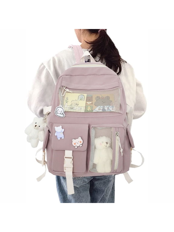 Multi Functional and Durable Backpack,Women's Nylon Backpack, Japanese Korean Version Junior High School Student Backpack+Teddy Bear Pendant