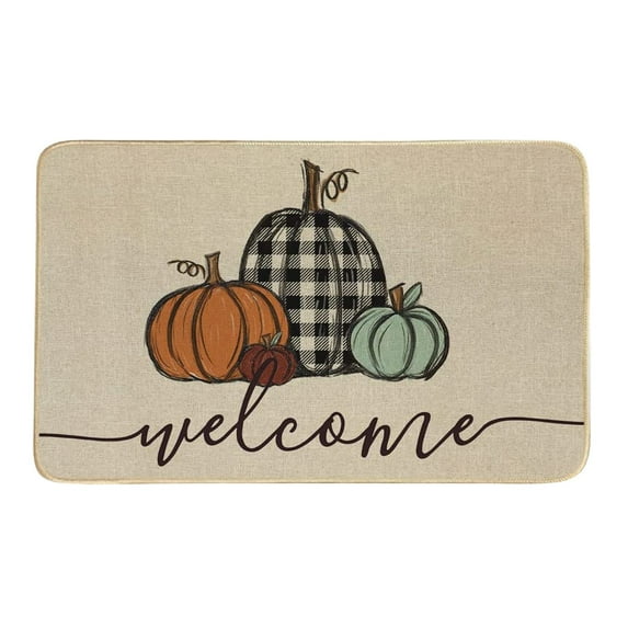 kjfeif Non Slip Pumpkin Welcome Doormat Buffalo Plaid Doormats for Autumn Harvest Thanksgiving Farmhouse Large Entrance Doormat Low Profile Floor Carpet Mat Washable ,15.7*23.6inch