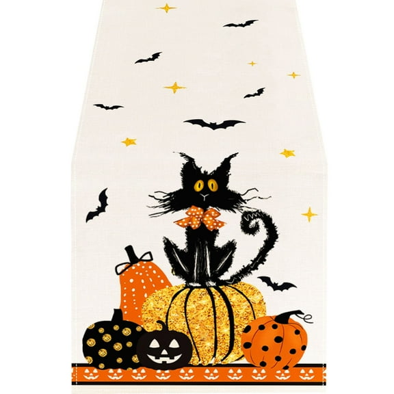 kjfeif Pumpkins Black Cat Spooky Hall-oween Table Runner, Moon Kitchen Dining Table Decoration for Home Party Decor
