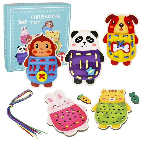 kjfeif 5 Pcs Cartoon Animals Lacing Cards Wooden Thread Toy Sewing Cards for Toddler Animal Lace Cards,Suit for Boys & Girls Ages 3-12 Years Old Christmas Halloween Party Birthday Gift