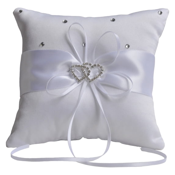 kjfeif Wedding Ring Pillow, 3.9 Inch White Wedding Ring Pillow with Ribbon, Rhinestones Hollow Double Heart Shaped Bridal Ring Pillow Ring Cushion for Wedding Party Decoration Supplies