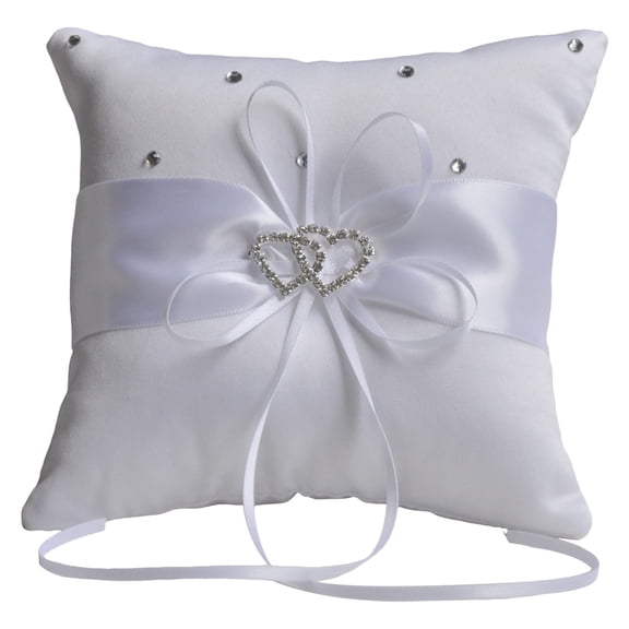 kjfeif Wedding Ring Pillow, 3.9 Inch White Wedding Ring Pillow with Ribbon, Rhinestones Hollow Double Heart Shaped Bridal Ring Pillow Ring Cushion for Wedding Party Decoration Supplies