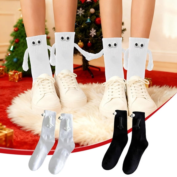 kkbbma under $5 2Pcs Magnetic Couple Socks, Magnetic Hand Hand Christmas Socks, Couple Matching Sweat Absorbing Long Socks, Black White Mid Calf Sports Socks, Festive Holiday Gift Partners