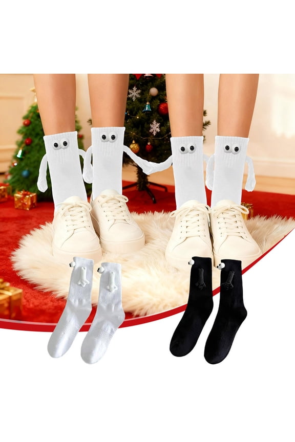 under $5 2Pcs Magnetic Couple Socks, Magnetic Hand Hand Christmas Socks, Couple Matching Sweat Absorbing Long Socks, Black White Mid Calf Sports Socks, Festive Holiday Gift Partners