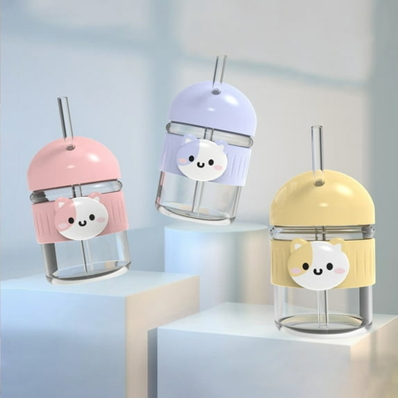 kkbbma under $5 3Pcs Cartoon Water Cup, CartoonChildren'sDrinking Cup, Glass StRaws Tumbler with Lid, Colorful Cat Face InsulatedKidsWater Bottle, Leak-Proof Portable Beverage Container