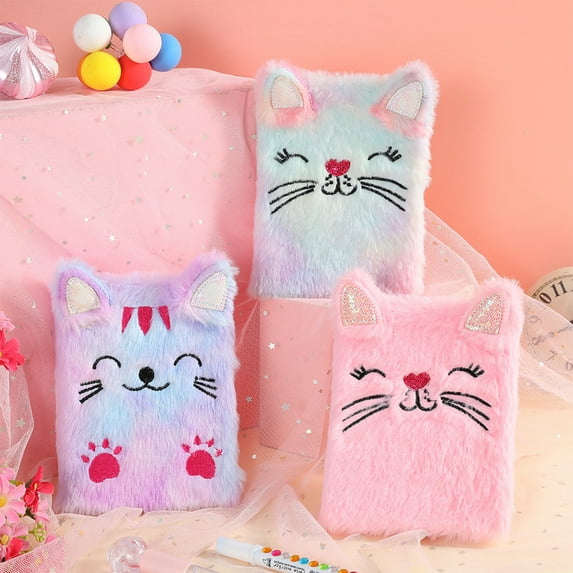 kkbbma under $5 3Pcs Cat Diary NoteNovel, Cute Cat Plush Diary NoteNovel, Secret Lock Journal forGirlsKids, Fluffy Cover Diary with Lock, Gift Journal for Birthday ChristmasChildren