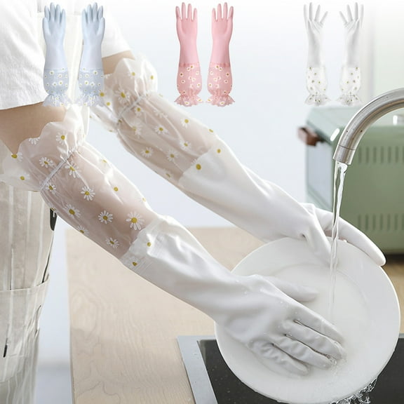 kkbbma under $5 3Pcs Dishwashing Gloves, Household Dishwashing Rubber Gloves, Long Kitchen Cleaning Gloves, Waterproof Laundry Gloves, Elastic Cuff Rubber Gloves, Reusable Household Gloves