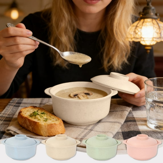 kkbbma under $5 4Pcs StRaws Bowl, StRaws Woven Plastic Rice Bowl,Heat Insulating Soup Noodle Bowl,Household Teen Instant Noodle Bowl,Double Ear Bowl with Lid,Food Grade Plastic Tableware