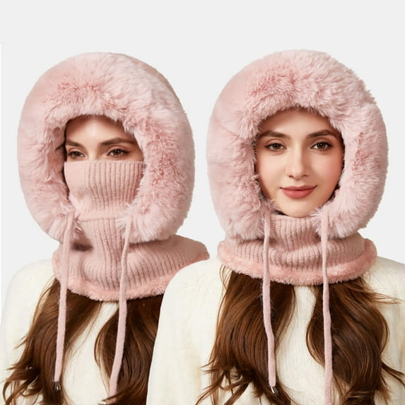 kkbbma under $5 Fur Trim Balaclava, Upgraded 3 in 1 Knitting Hat, Thick Fur Trim Scarf Mask Combo, Fleece Lined Winter Balaclava Women, Windproof Warm DRawsstring Beanie, Cold Weather Face Cover Hat