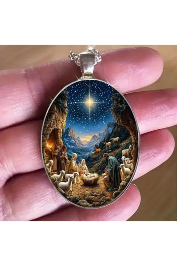 under $5 Nativity Necklace, Nativity Scene Pendant, Starry Night Christmas Necklace, Religious Holiday Jewelry for Women, Gift for Christmas Baptism, Inspirational Faith Pendant