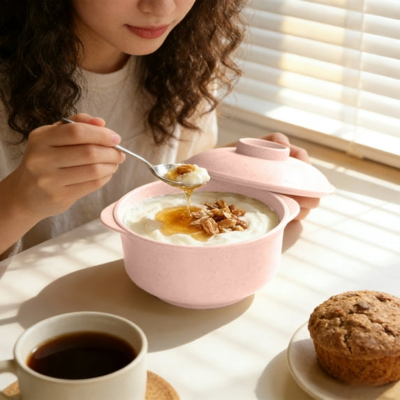 kkbbma under $5 StRaws Bowl, StRaws Woven Plastic Rice Bowl,Heat Insulating Soup Noodle Bowl,Household Teen Instant Noodle Bowl,Double Ear Bowl with Lid,Food Grade Plastic Tableware