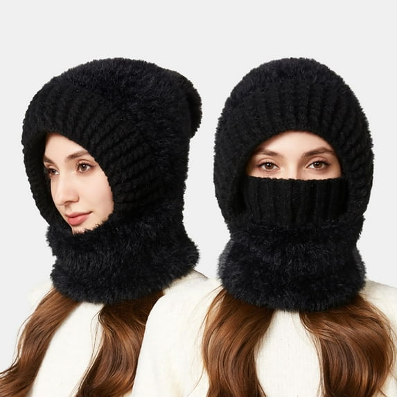 kkbbma under $5 Winter Balaclava, 3 in 1 Knitting Hat Scarf Mask, Fleece Lined Winter Balaclava for Women, Plush Fur Trim Scarf Hat Combo, Windproof Warm Face Cover Beanie, Cold Weather Knit Hat Set