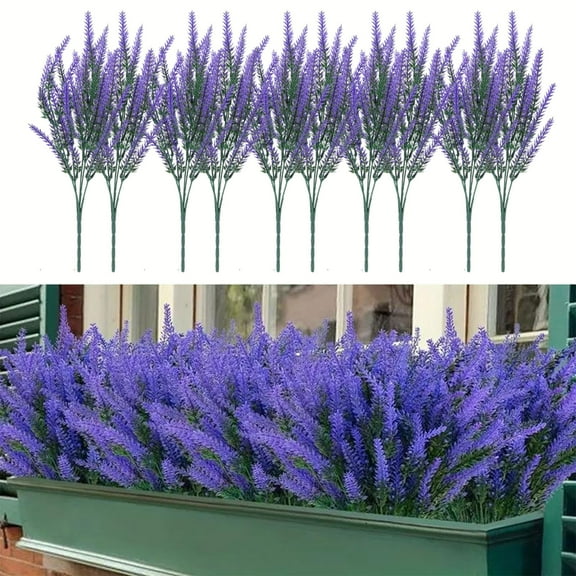 kkbbma under $5 10 Bundles Fake Flowers Artificial Lavender Faux Plastic Plants for Home Decor Wedding Kitchen Garden Patio Porch Window Office Table Centerpieces Indoor Outdoor Decorations