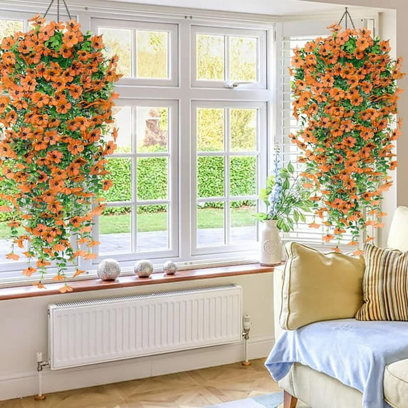 kkbbma under $5 Artificial Hanging Flowers for Outdoors, UV Resistant Faux Petunias, Realistic Fake Silk Long Vines Morning Glory Eucalyptus for Outside Indoor Planter Porch Patio Home Decor