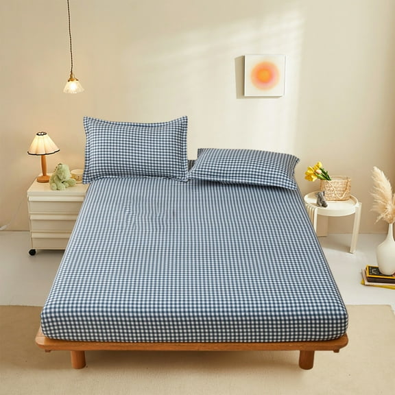 kkbbma under $5 Gingham Fitted Sheet Plaid Bedding Sheet Soft Washed Cotton Grid Single Bottom Sheet Gingham Bed Sheet Cotton Mattress Cover Farmhouse Grid Sheet