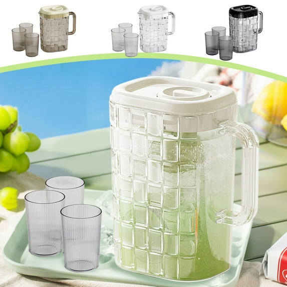 kkbbma under $5 Plastic Pitcher with 3 Cup, 2L Water Pitcher with Lid, Iced Tea Pitcher, Water Carafe, Jar Pitcher, Water Jug with Handle for Tea, Juices, Milk, Cold or Hot Beverages