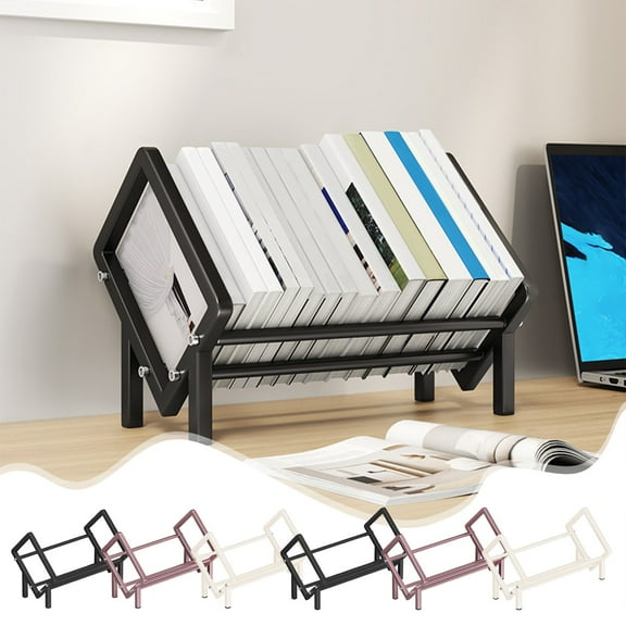 kkbbma under $5 Stainless Steel Tilting Desk Bookshelf Organizer for Book Lover and Record Holder, Desktop Storage Book Rack for Magazine/CDs/Books Display, Tabletop Bookcase in Office/Home