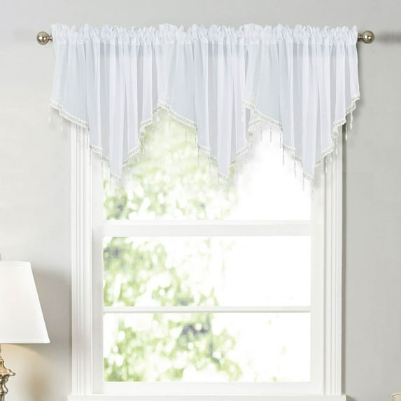 kkbbma under $5 Triangle Valance Curtains for Living Room,Rod Pocket Farmhouse Window Valance, Bead Trim Tassel Voile Sheer Curtain Valance for Bedroom Bathroom Cafe, 1 Panel