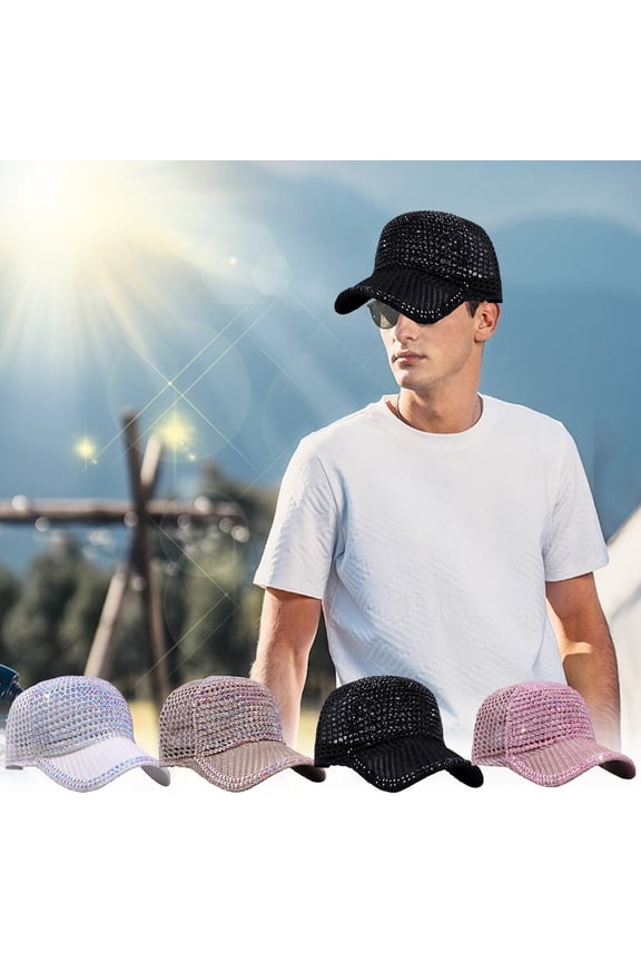 under $5 Women Men Studded Rhinestone Crystals Adjustable Ponytail Mesh Baseball Cap Shiny Bling Casual Sports Cap Breathable Sun Hat