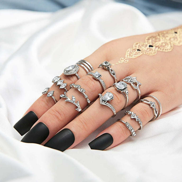 kkbbma Clearance Under 1 15Pcs Vintage Silver Rings Set for Women Men Open Water Drop Joint Hollow Diamond 15 Piece Set Jewelry Walmart