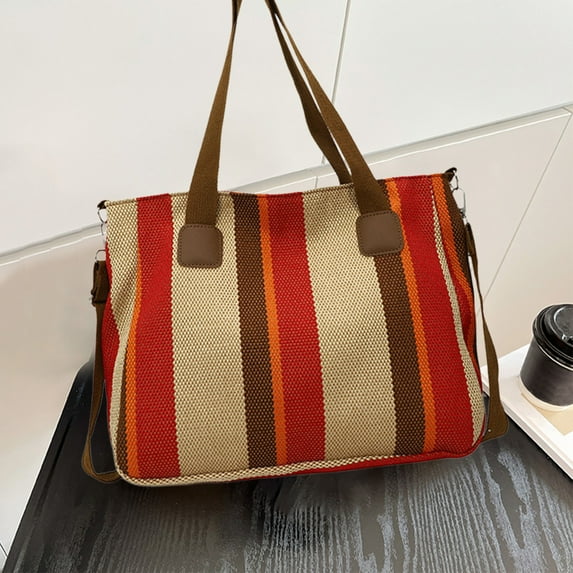 kkbbma under $5 Women's Canvas Tote Bag with Brown and White Striped Design, Casual Handbag Large Canvas Tote Bag for Women