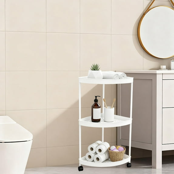 kkbbma Freestanding Corner Storage Shelf Rack, 3-Tier Plastic Bathroom Organizer with Wheels, Toiletries Storage Rack for Living Room Bedroom Corner Space Saving Decor