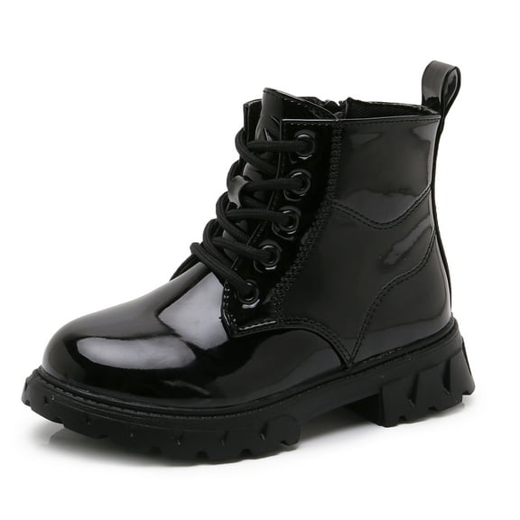 kkdom Boys Girls Kid Combat Boots Unisex Glossy Black Size 1 Little Kid