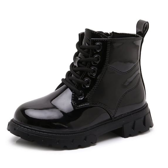 kkdom Boys Girls Kid Combat Boots Unisex Glossy Black Size 9.5 Toddler