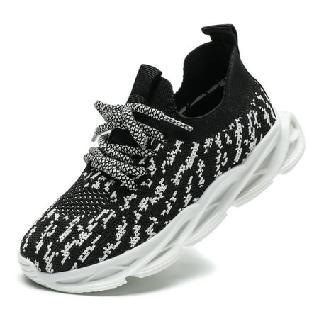 kkdom Boys Girls Running Walking Sneakers Shoes Comfort Lightweight Breathable Athletic Tennis White and Black 6 Toddler