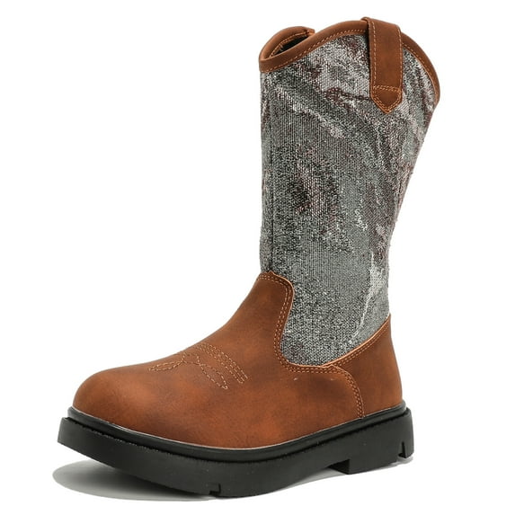 kkdom Kids Cowgirl Boots Girls Cowboy Western Lightweight Mid Calf Riding Fashion Boots Brown Size 4 Big Kid