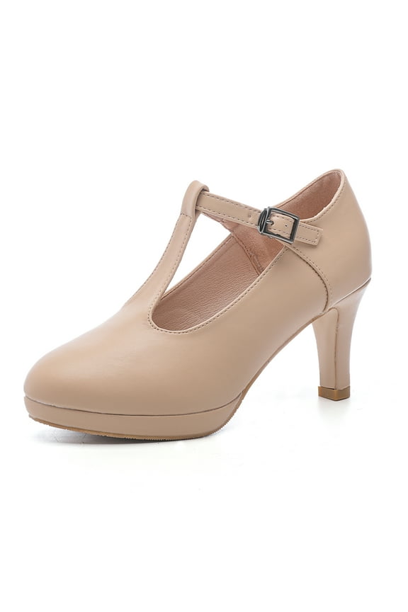 Women High Heels T-Strap Dress Shoes Mary Jane Pumps Beige Size 5