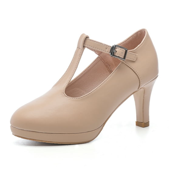 kkdom Women High Heels T-Strap Dress Shoes Mary Jane Pumps Beige Size 8.5