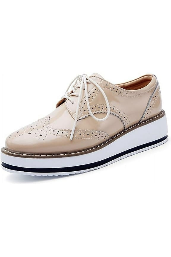 Women's Platform Lace-Up Brogue Wingtips Square Toe Oxfords Shoes for ladis Women Apricot Size 5.5