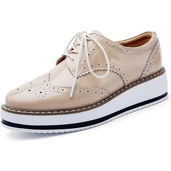 kkdom Women's Platform Lace-Up Brogue Wingtips Square Toe Oxfords Shoes for ladis Women Apricot Size 9.5
