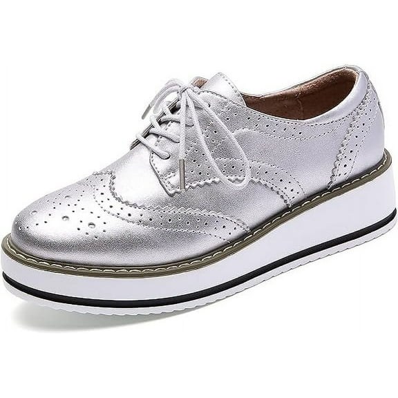 kkdom Women's Platform Lace-Up Brogue Wingtips Square Toe Oxfords Shoes for ladis Women Silver Size 5.5