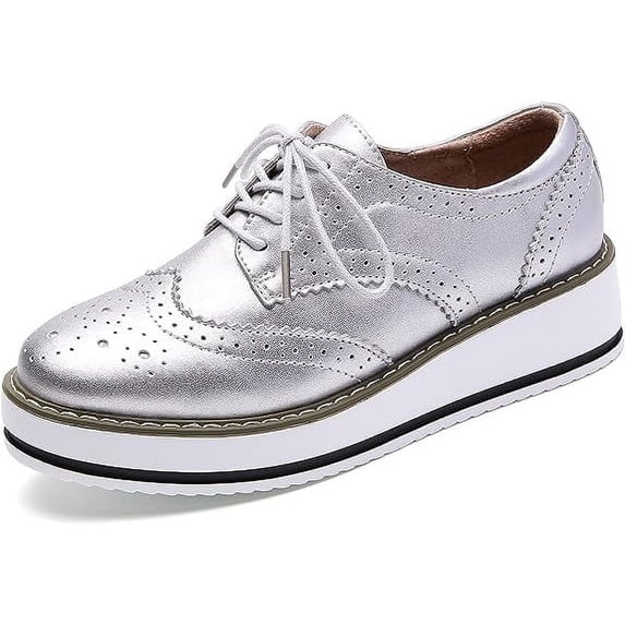 kkdom Women's Platform Lace-Up Brogue Wingtips Square Toe Oxfords Shoes for ladis Women Silver Size 6.5