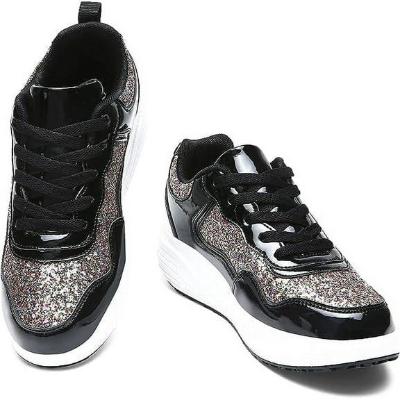 kkdom Women's Walking Shoes Running Breathable Mesh Comfort Lightweight Wedge Platform Sneakers Black Size 8.5