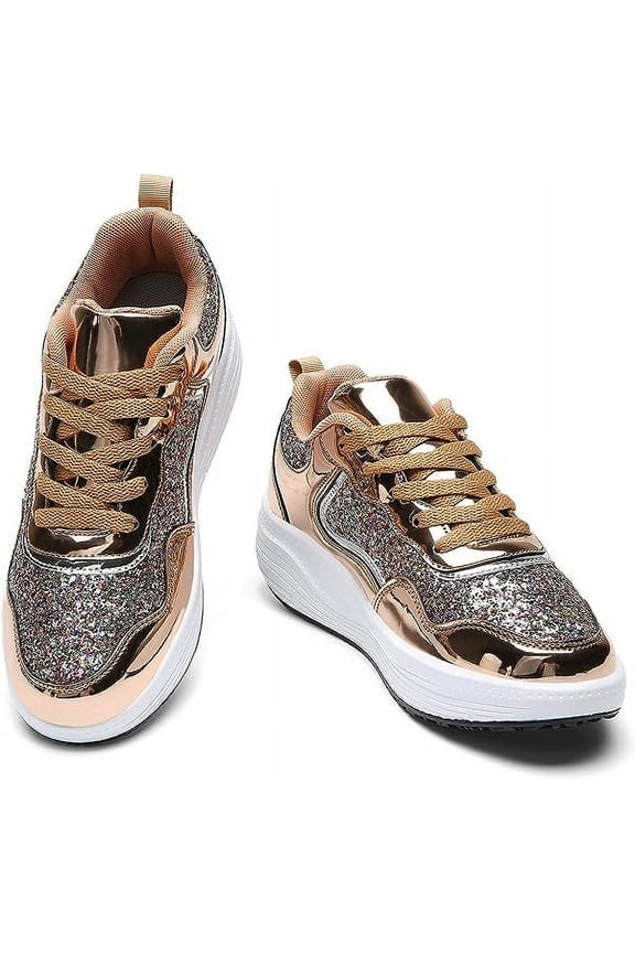 Women's Walking Shoes Running Breathable Mesh Comfort Lightweight Wedge Platform Sneakers Gold Size 5