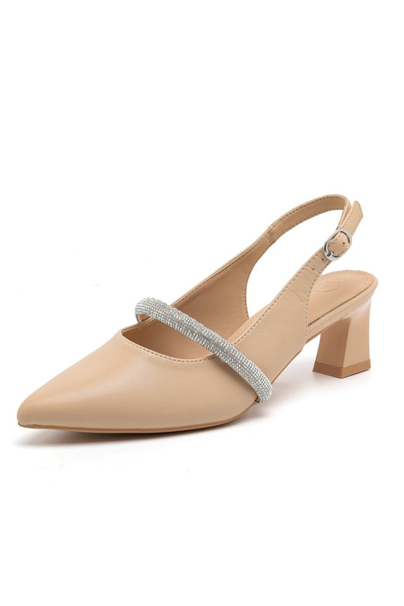 Womens Chunky Closed Toe Low Block Heels Dress Ankle Strap Pointed Toe Wedding Pump Shoes Apricot Size 6.5